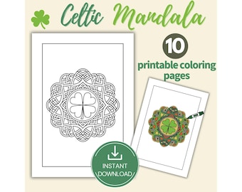 Könnte beinhalten: Eine druckbare Malvorlage mit einem keltischen Mandala-Design mit einem vierblättrigen Kleeblatt in der Mitte. Das Bild ist schwarzweiß und enthält den Text "Celtic Mandala" und "10 druckbare Malvorlagen".