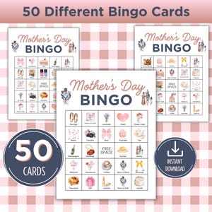 K&ouml;nnte beinhalten: Ein Satz von 50 druckbaren Muttertags-Bingo-Karten. Jede Karte enth&auml;lt ein Raster mit Bildern von Geschenken, Blumen und anderen Muttertags-Motiven. Die Karten sind mit einem rosa-wei&szlig; karierten Hintergrund gestaltet.