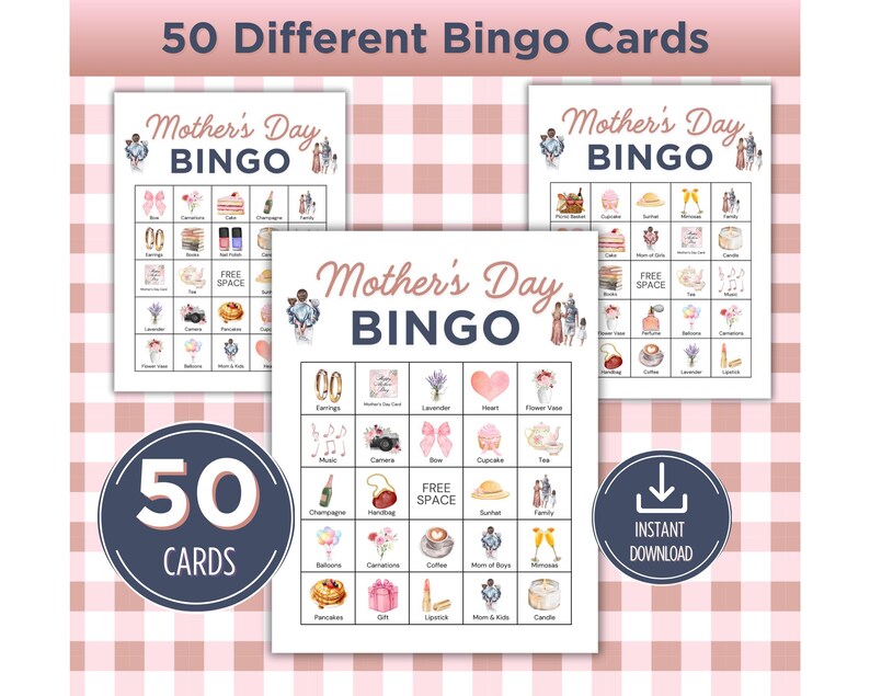 K&ouml;nnte beinhalten: Ein Satz von 50 druckbaren Muttertags-Bingo-Karten. Jede Karte enth&auml;lt ein Raster mit Bildern von Geschenken, Blumen und anderen Muttertags-Motiven. Die Karten sind mit einem rosa-wei&szlig; karierten Hintergrund gestaltet.