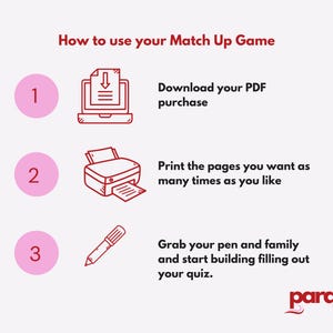 K&ouml;nnte beinhalten: Eine dreistufige Anleitung zur Verwendung eines Match-Up-Spiels. Die Schritte werden mit Symbolen veranschaulicht: ein Computer mit einem Download-Pfeil, ein Drucker und ein Stift. Der Text enth&auml;lt die W&ouml;rter "Laden Sie Ihren PDF-Kauf herunter", "Drucken Sie die Seiten, die Sie so oft wie gew&uuml;nscht m&ouml;chten" und "Nehmen Sie Ihren Stift und Ihre Familie und beginnen Sie, Ihr Quiz zu erstellen."