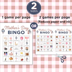 K&ouml;nnte beinhalten: Zwei druckbare Muttertags-Bingo-Karten mit einem rosa-wei&szlig; karierten Hintergrund. Jede Karte hat ein 5x5-Raster mit Bildern von Geschenken, Blumen und anderen Muttertags-Motiven. Der Text "Muttertags-Bingo" steht oben auf jeder Karte.