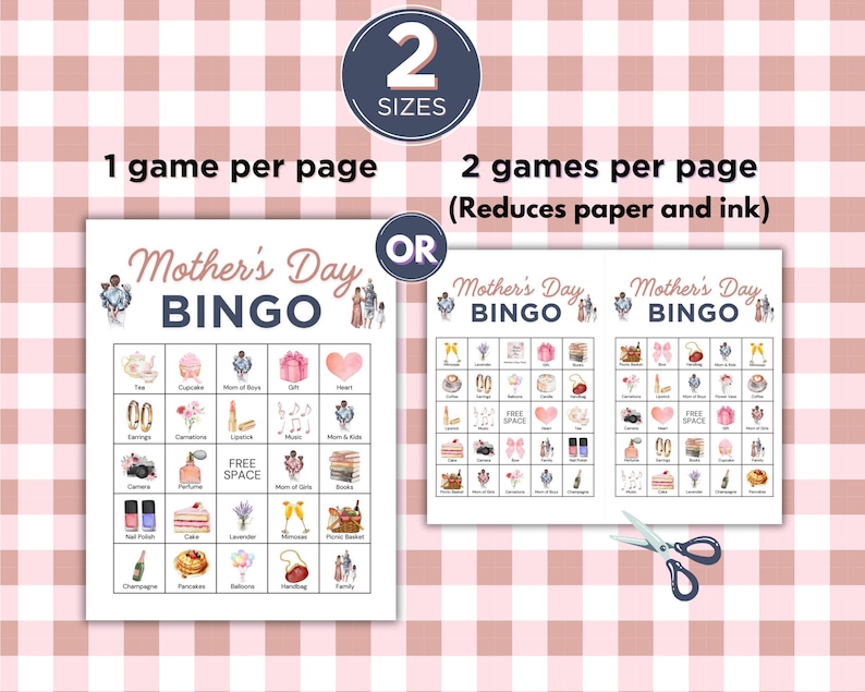 K&ouml;nnte beinhalten: Zwei druckbare Muttertags-Bingo-Karten mit einem rosa-wei&szlig; karierten Hintergrund. Jede Karte hat ein 5x5-Raster mit Bildern von Geschenken, Blumen und anderen Muttertags-Motiven. Der Text "Muttertags-Bingo" steht oben auf jeder Karte.
