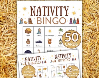 Nativity Bingo Game, 50 Printable Bible Bingo Cards, Sunday School Game, Classroom Holiday Activity, Christian Christmas Activity