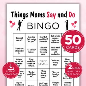 Muttertags-Bingospiel, Mama-Geburtstagsspiel, 50 druckbare Bingokarten-Set mit Dingen, die Mütter sagen und tun, Mama-Bingospiel, Mama-Partyspiel
