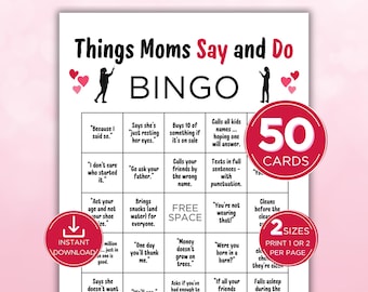 Mother&#39;s Day Bingo Game, Mom Birthday Game, 50 Printable Bingo Card Set of Things Moms Say and Do, Mom Bingo Game, Mom Party Game
