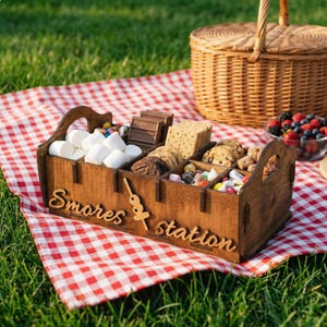 Może przedstawiać: Drewniana stacja s'mores z przegródkami wypełnionymi piankami marshmallow, batonami czekoladowymi, krakersami Graham, ciasteczkami i cukierkami. Napis "S'mores station" jest wycięty z przodu. W tle kosz piknikowy i miska z jagodami.
