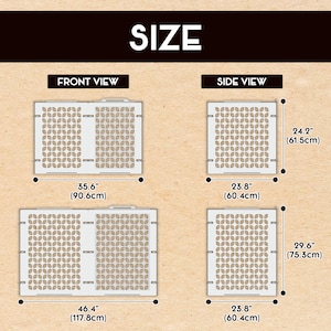 May include: A white metal gate with a geometric pattern. The gate is 35.6 inches wide and 46.4 inches tall. The gate is also 23.8 inches deep and 29.6 inches high.