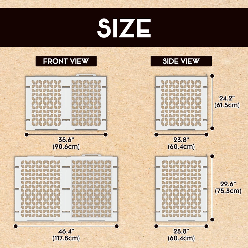 May include: A white metal gate with a geometric pattern. The gate is 35.6 inches wide and 46.4 inches tall. The gate is also 23.8 inches deep and 29.6 inches high.