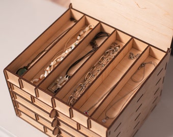 Wooden jewelry box with drawers, Engraved jewelry box, Wood drawer box, Rustic jewelry box, Necklace storage box, Jewelry cabinet, Ring box