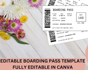 Editable Boarding Pass Canva Template, Printable Retro Ticket Boarding Pass for Surprise Trip, Digital Download Plane Ticket For Travel