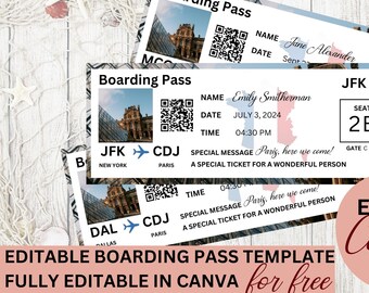 Modello Canva di carta d&#39;imbarco modificabile, carta d&#39;imbarco biglietto aereo stampabile per viaggio a sorpresa, biglietto aereo per il download digitale, Louvre di Parigi