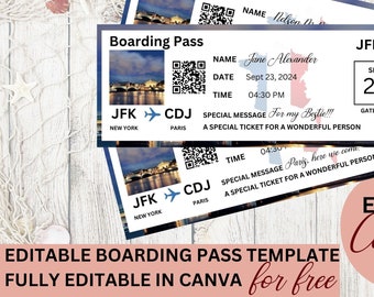 Editable Boarding Pass Canva Template, Printable Airline Ticket Boarding Pass for Surprise Trip, Digital Download Plane Ticket, Paris Seine