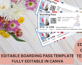 Editable Boarding Pass Canva Template, Printable Airline Ticket Boarding Pass for Surprise Trip, Digital Download Plane Ticket For London