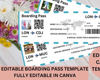 Editable Boarding Pass Canva Template, Printable Ticket Boarding Pass for Surprise Trip Gift, Digital Download Classic Plane Ticket For Gift