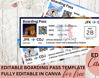 Editable Boarding Pass Canva Template, Printable Airline Ticket Boarding Pass for Surprise Trip, Digital Download Plane Ticket, Paris Arc