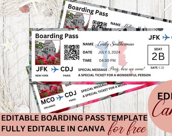 Modello Canva di carta d&#39;imbarco modificabile, carta d&#39;imbarco biglietto aereo stampabile per viaggio a sorpresa, biglietto aereo per il download digitale, Montmartre