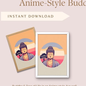 May include: Digital art print featuring a cartoon style Buddha with a tree of life behind him. The background is a sunset with shades of orange, pink, and blue. The print is framed in a white frame.