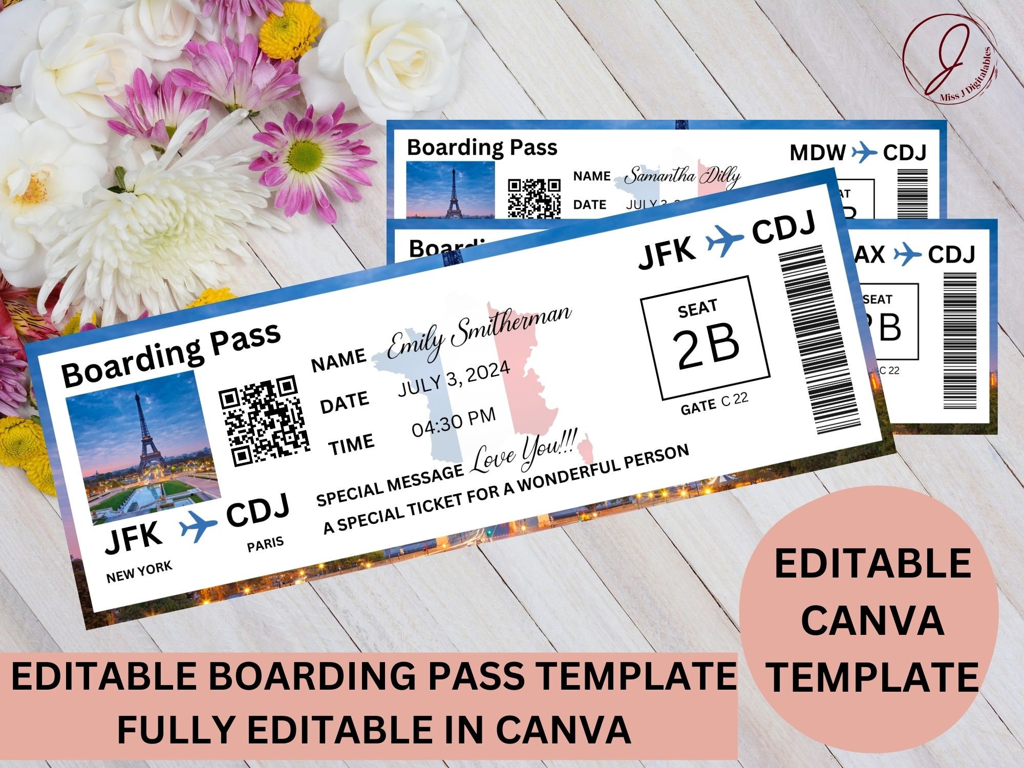 Editable Boarding Pass Canva Template, Printable Airline Ticket Boarding Pass for Surprise Trip, Digital Download Plane Ticket, Paris Trip