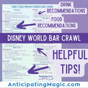 May include: A purple and white graphic with the text "Disney World Bar Crawl" and "Tara's Hollywood Studios Bar Crawl." The image includes recommendations for drinks and food, and helpful tips. The website AnticipatingMagic.com is also displayed.