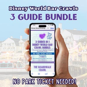 May include: A smartphone displays a guide for Disney World bar crawls. The screen shows a purple and white graphic with the text "3 GUIDES IN 1 DISNEY WORLD BAR CRAWL BUNDLE." The background features a waterfront scene with buildings and a boat.