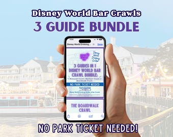 May include: A mobile phone screen shows a guide for Disney World bar crawls. The screen displays a purple and white graphic with the text "3 GUIDES IN 1 DISNEY WORLD BAR CRAWL BUNDLE." The background features a waterfront scene with buildings and a boat.