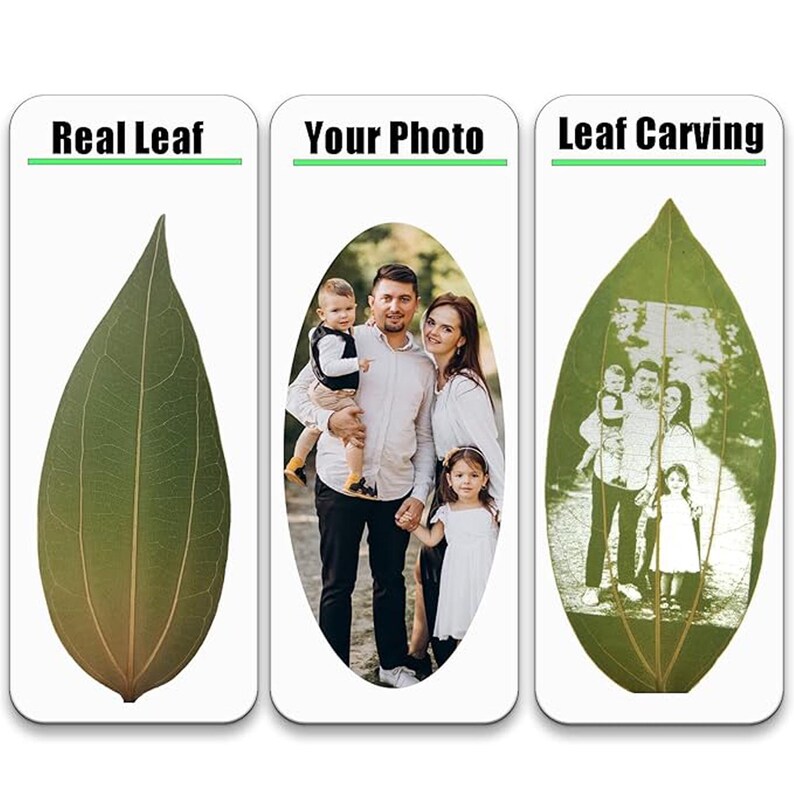 May include: A comparison of a real leaf, a photo of a family, and a leaf carving with the same photo carved into it. The carving is a detailed representation of the photo.