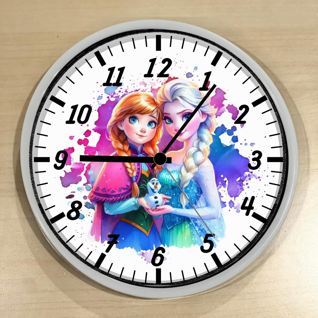 Elsa and Anna Clock: Watercolor Art, Kids Room Decor (9