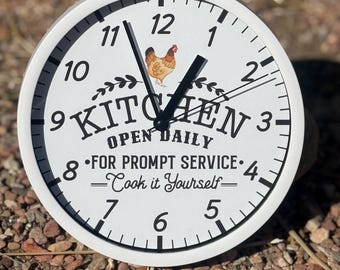 Farmhouse Kitchen Clock: 9" White Frame, Chicken Decor