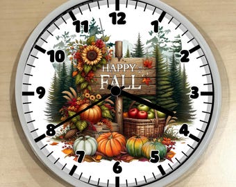 Happy Fall Clock – Forest Trees, Apples, Pumpkins, Leaves & Sunflowers Autumn Wall Decor