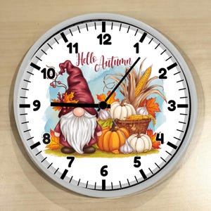 Hello Autumn Gnome Wall Clock | Watercolor Fall Decor | Pumpkins, Corn & Fall Leaves