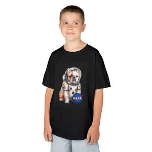 NASA Bulldog Astronaut Kids Tee Cute Space Dog Shirt  Frenchie Puppy in Spacesuit Funny Galaxy Gift for Boys & Girls