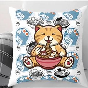 Cute Cat Ramen Pillow Adorable Sushi Lover Gift Kawaii Foodie Decor Cozy Throw Pillow for Cat Lovers Fun Bedroom Accent