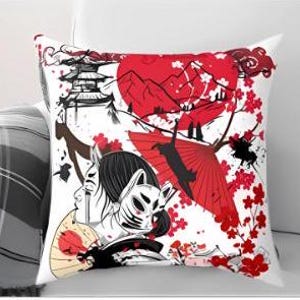 This Japanese inspired throw pillow features beautiful red and black artwork with cherry blossoms and a traditional fox mask