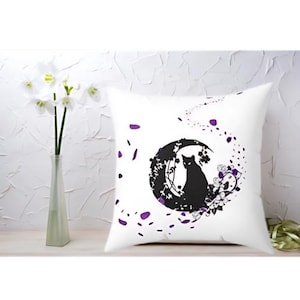 Black Cat Moon Pillow: Gothic Floral Throw Cushion