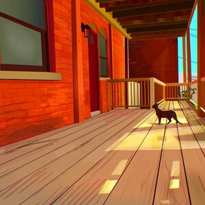 May include: An illustration of a brown dog standing on a wooden porch. The porch is part of a building with red brick walls and a red door. The scene is bathed in sunlight.