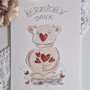 Postkarte - Bär mit Herzen „Herzlichen Dank“ / Danke schön / Herznasen