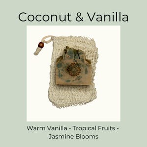 Natural Soap Saver Bag Eco Bathroom Accessory Zero Waste Shower Essential Exfoliating Scrubber Sisal Pouch Bamboo Soap Cotton Holder Linen Coconut&Vanilla 4 oz