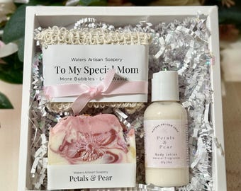 Handmade Spa Gift for Self Care Package Guest Bathroom Soap Saver Pouch Vegan Lotion Set Birthday Thank You Hostess Someone Special