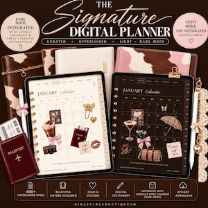 May include: The Signature Digital Planner features two tablets displaying January calendars in light and dark modes. The interface includes hyperlinked tabs, digital stickers like a passport and camera, and decorative elements. Surrounding items include physical planner covers, a passport holder, and a stylus pen.