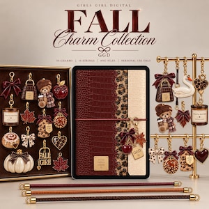 May include: A digital collection titled FALL Charm Collection GGD featuring 50 charms, 10 strings, and PNG files. The image displays a variety of charms including bears, apples, pumpkins, bows, and hearts, alongside a notebook and three leather strings.