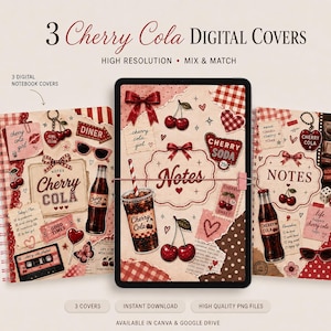 Könnte beinhalten: Drei digitale Notizbuch-Cover mit Cherry-Cola-Motiv und Vintage-Grafiken wie Glas-Sodaflaschen, Kirschen, Kassetten, Sonnenbrillen und Herzen. Die Designs enthalten Texte wie Cherry Cola, Notes und Diner auf einem cremefarbenen Hintergrund mit roten Akzenten.