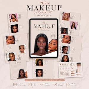 May include: A digital makeup planner for 2026, featuring a tablet with the title "MAKEUP Planner" and monthly pages with makeup looks. Includes stickers, notes pages, and is fully editable. The text reads "PLAN YOUR LOOK. BUILD YOUR BRAND. BE UNSTOPPABLE."