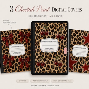Op de afbeelding: Drie digitale notitieboekcovers met een cheeta-printpatroon. Eén cover toont rode strikken, een andere rode kersen en de derde rode sterren. Elke cover bevat een wit label met de tekst COMPOSITION BOOK.