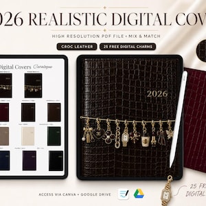 May include: A set of 2026 realistic digital covers featuring a croc leather texture. The display includes a hyperlinked catalogue, a dark brown cover with gold-toned charms, and two additional covers in burgundy and black. A white stylus is included.