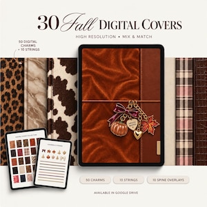 Puede incluir: Una colección digital de 30 portadas otoñales para tabletas, con diversas texturas como estampado de leopardo, mármol, piel de vaca, cuadros y cuero marrón. Incluye 50 dijes digitales y 10 cuerdas, con una tableta central que muestra una portada de terciopelo.