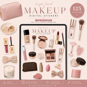 Könnte beinhalten: Eine Sammlung digitaler Make-up-Sticker, darunter Lippenstift, Foundation, Rouge und Pinsel. Das Bild zeigt eine rosa Kosmetiktasche, Schmuck und eine brennende Kerze. Text enthält "high level MAKEUP DIGITAL STICKERS" und "125 STICKERS".
