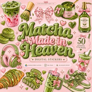 Puede incluir: Una colección de 50 pegatinas digitales brillantes con artículos temáticos de matcha, incluyendo lattes helados, un batidor, un lazo, una lata de polvo de matcha, una botella de jarabe, auriculares, un croissant, una pinza para el pelo y zapatillas.