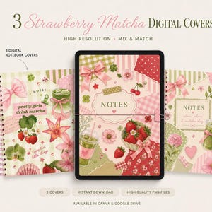 May include: Three digital notebook covers featuring a strawberry matcha theme with collage-style graphics including pink bows, green gingham patterns, strawberries, matcha drinks, and floral elements. The text reads "3 Strawberry Matcha DIGITAL COVERS" and "NOTES".