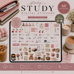 60 Study Digital Stickers | Planner PNGs (Digital Download)