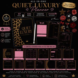 Könnte beinhalten: Ein schwarzer digitaler Planer mit goldenen Akzenten und Leopardenmuster-Details. Der Planer enthält Aufkleber und ist für die Verwendung auf iPads und Tablets konzipiert. Der Text auf dem Cover lautet "Quiet Luxury Planner".